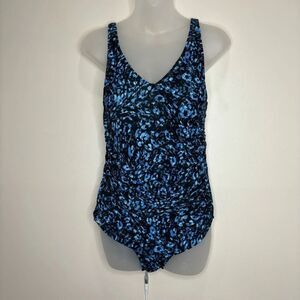 Speeedo Size 10 One Piece Blue Black Speckled Print Swimsuit bathing suit V-neck